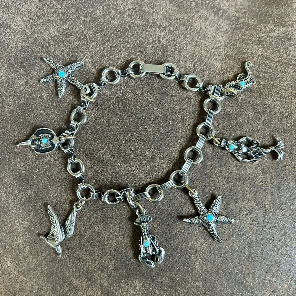 Vintage Silver & Turquoise Beach Charm Bracelet